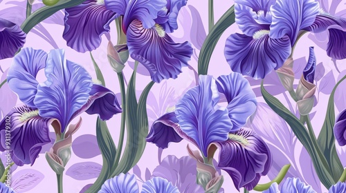 A vibrant display of blue and white iris flowers in full bloom during spring photo