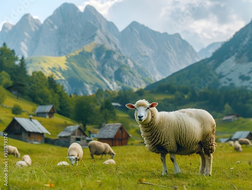 A flock of sheep grazing in the green valley with mountains in the background during the day
