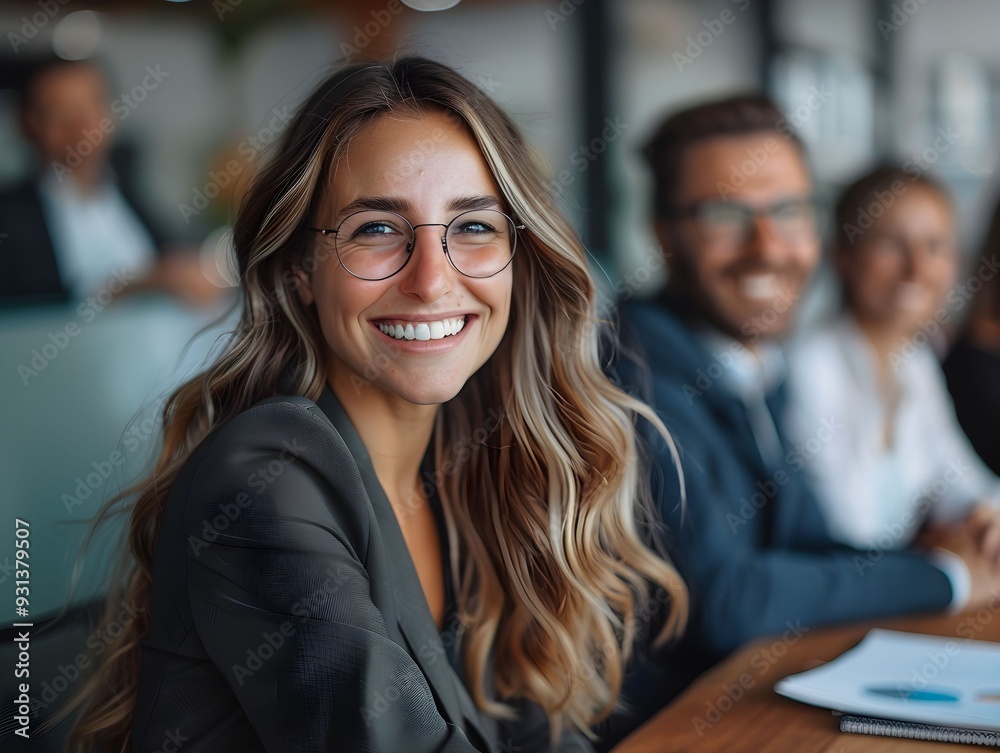 Group of professionals engaged in a meeting with a smiling woman in the foreground, showcasing teamwork and collaboration in a modern office setting