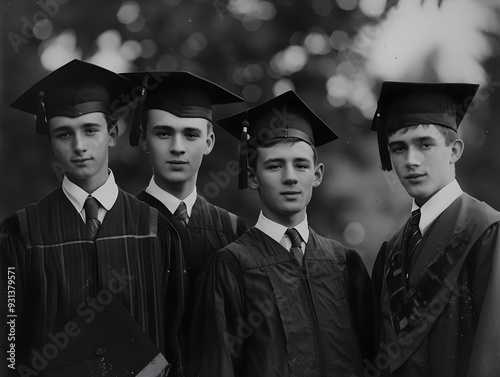 Four graduates in caps and gowns pose outdoors after a ceremony during early 20th century