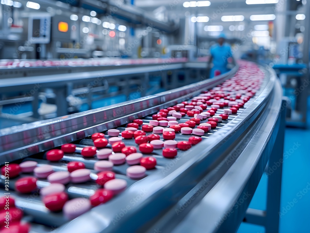 Fototapeta premium Colorful candy manufacturing process in a modern factory at daytime