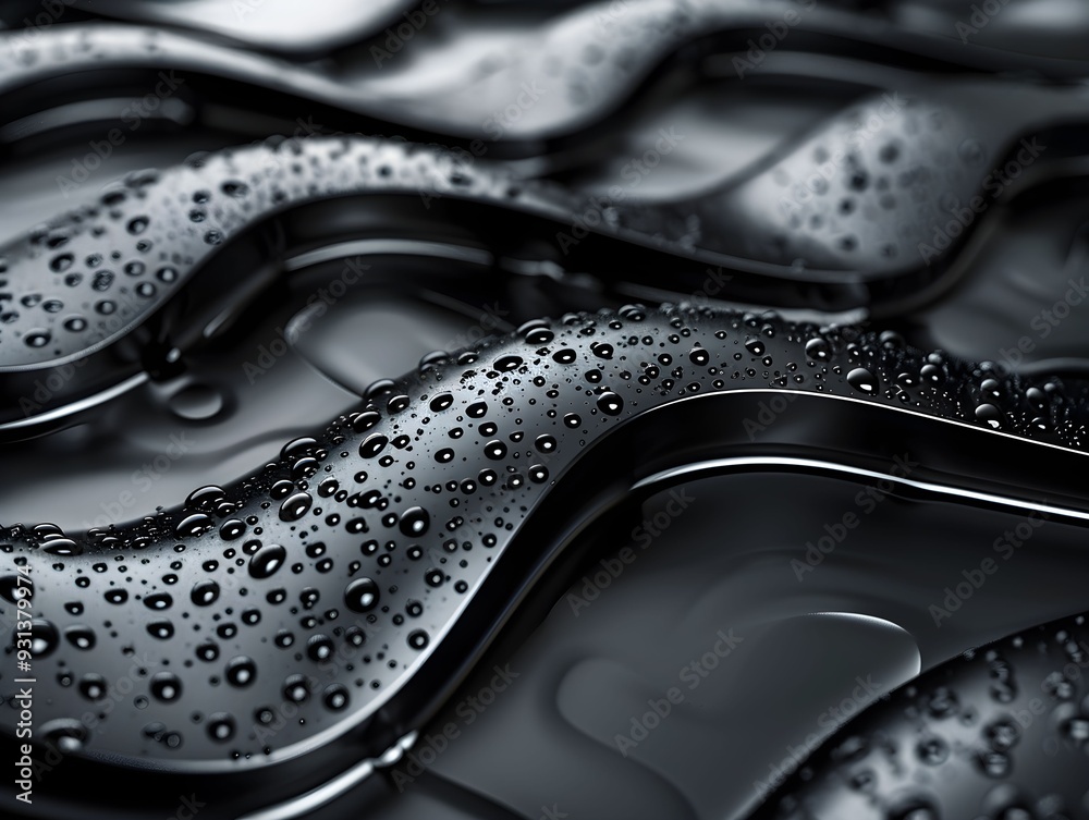 Droplets of water on a textured black surface create a wavy pattern in soft lighting Droplets of water on a textured black surface create a wavy pattern in soft lighting