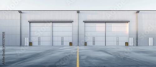 A large empty warehouse with two large doors