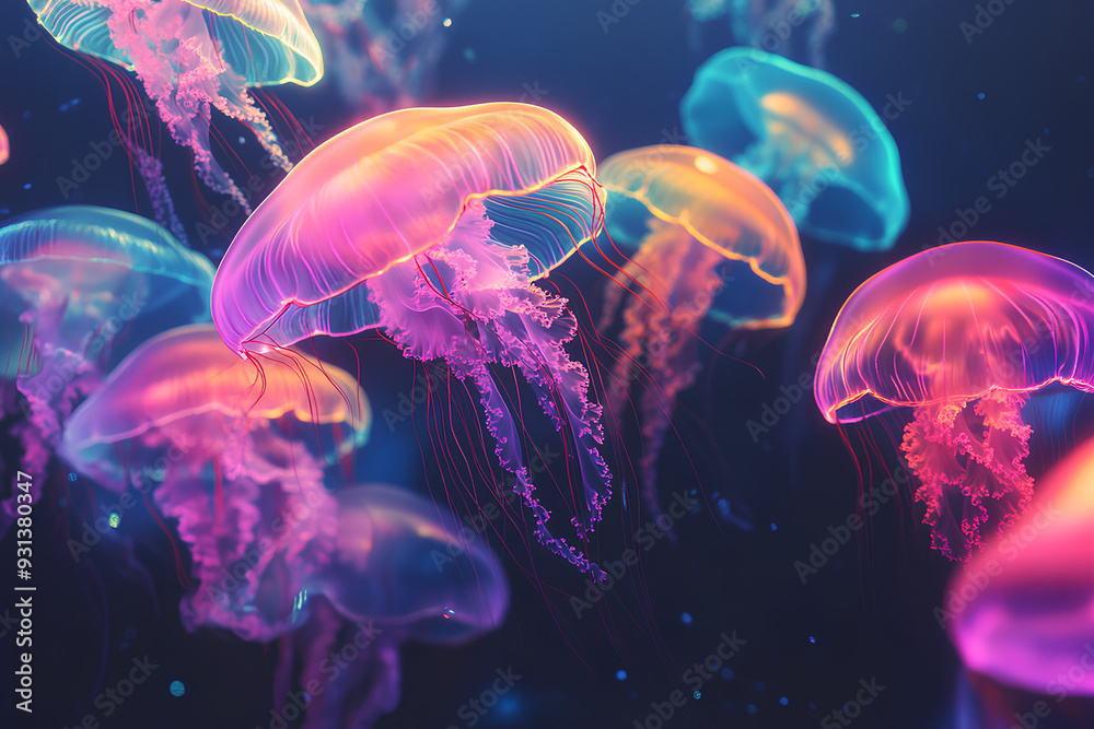 Swarms of jellyfish rendered in neon colors, pulsing and glowing in a dark ocean Swarms of jellyfish rendered in neon colors, pulsing and glowing in a dark ocean