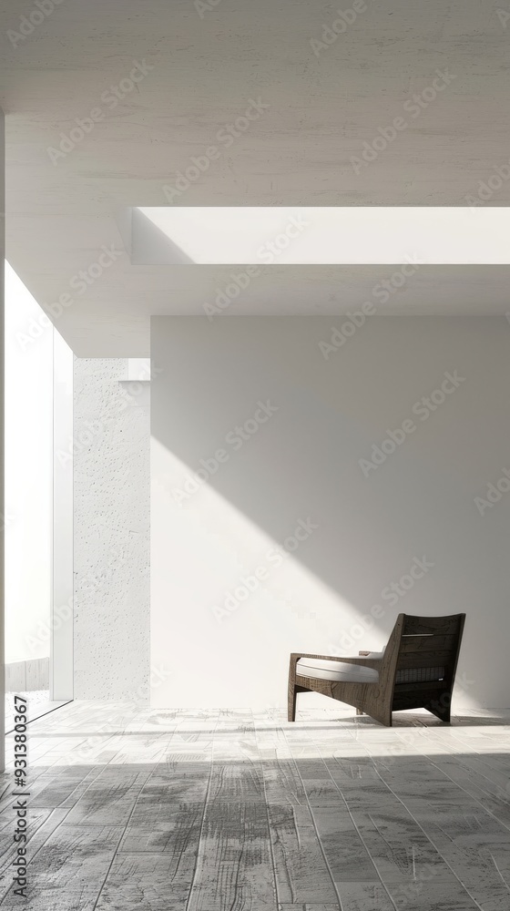 A chair is sitting in a room with a white wall and a window A chair is sitting in a room with a white wall and a window