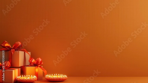 Wallpaper Mural A festive arrangement showcasing beautifully wrapped gifts and traditional lamps on a warm orange backdrop, perfect for celebrations.  Torontodigital.ca