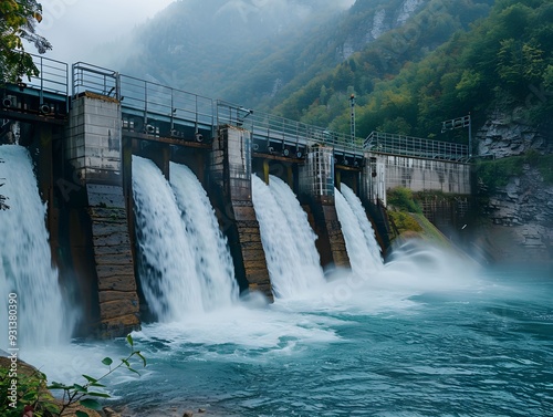 Water releases from a hydroelectric dam in a mountainous region on a foggy day photo