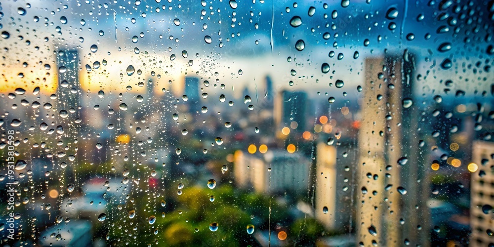 Rain drops on window with blurred cityscape in background, weather, rainy day, water droplets, glass, wet Rain drops on window with blurred cityscape in background, weather, rainy day, water droplets, glass, wet