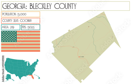 Large and detailed map of Bleckley County in Georgia USA.