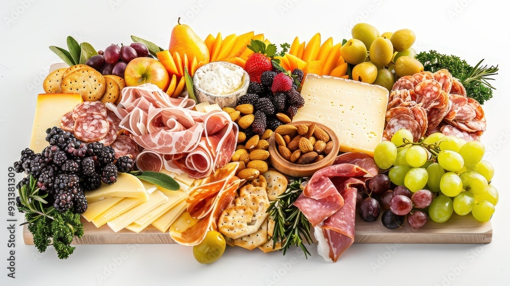 Picture a beautifully arranged charcuterie board with an assortment of cheeses, cured meats, fruits, nuts, and crackers. Picture a beautifully arranged charcuterie board with an assortment of cheeses, cured meats, fruits, nuts, and crackers.