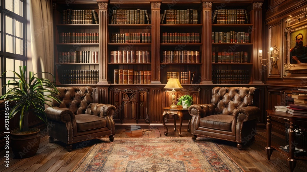 Cozy Library Interior with Leather Armchairs Cozy Library Interior with Leather Armchairs