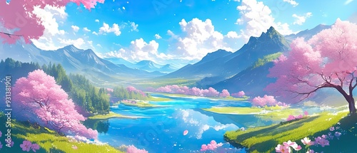 Tranquil anime landscape with serene lakes cherry blossoms and distant mountains matte colors gentle waves and soft lighting