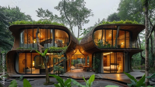 Eco-friendly bamboo architecture in forest setting,