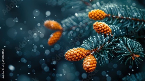 Snowfall on pine branches with orange cones in a winter forest