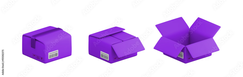 Vector cartoon 3d closed and opened purple carton box set. Cute realistic package isolated on white background. 3d render cardboard box with cargo packaging symbols for infographic, delivery app, web. Vector cartoon 3d closed and opened purple carton box set. Cute realistic package isolated on white background. 3d render cardboard box with cargo packaging symbols for infographic, delivery app, web.