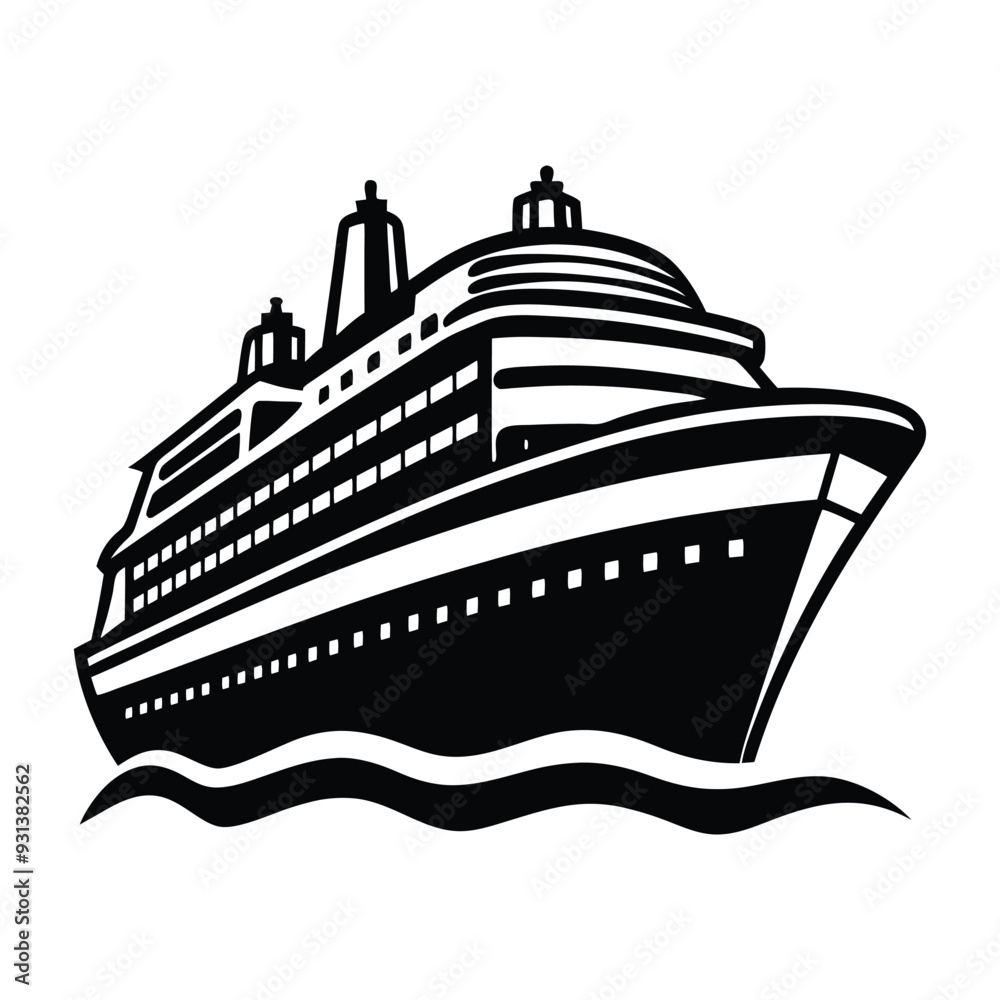 Monochrome Cruise Ship Vector: Black and White Nautical Clip Art