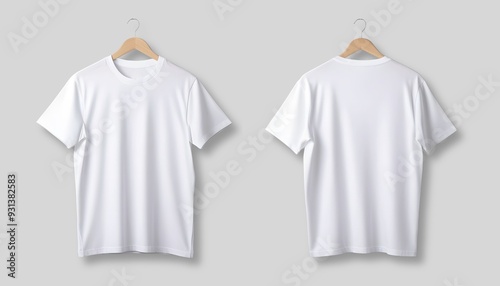 white tshirt mockup on hanger on plain background. Minimal t-shirt front and back design template photo