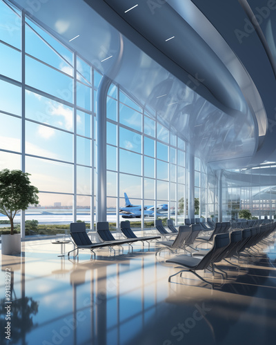 The airport terminal building is open and spacious.