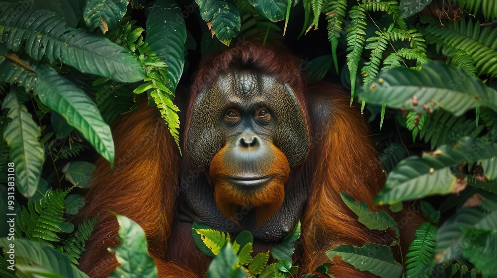 Obraz premium Endangered orangutan in fragmented rainforest,