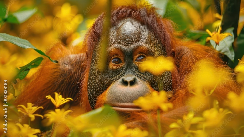 Fototapeta premium Endangered orangutan in fragmented rainforest,