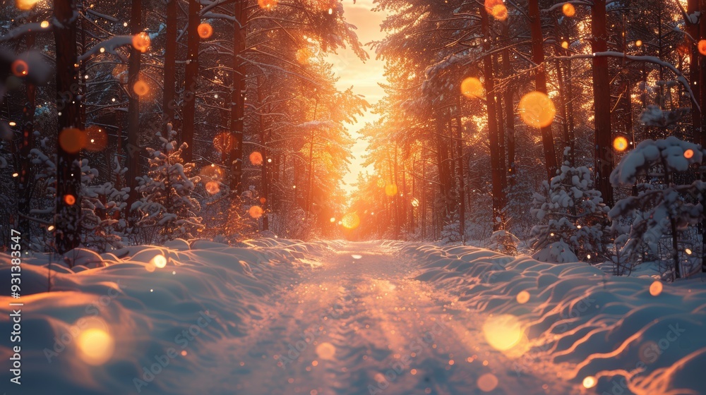 Snow-covered forest path illuminated by sunset glow in winter landscape Snow-covered forest path illuminated by sunset glow in winter landscape