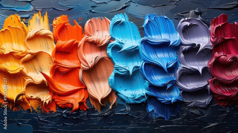 Obraz premium Colorful palette of thick paint swatches arranged horizontally on dark background