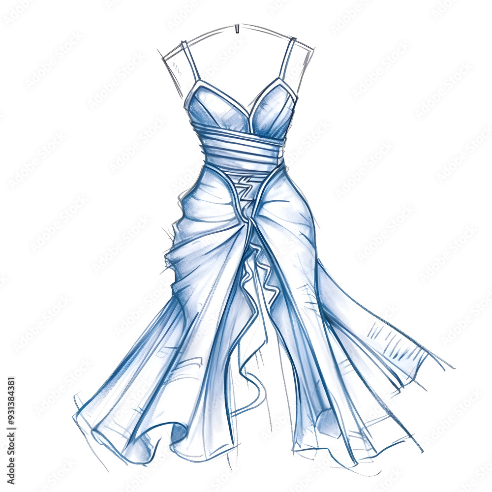 Stylized Sketch of Luxury Fashion Dress in Blue Pencil Drawing on Clean White Background Stylized Sketch of Luxury Fashion Dress in Blue Pencil Drawing on Clean White Background