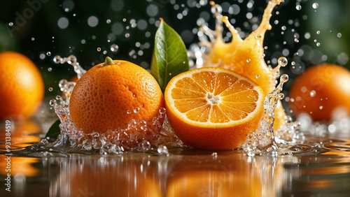 Juicy Orange Citrus Fruits Splashing in Crystal Clear Water with Green Leaves, Refreshing Summer Beverage Concept