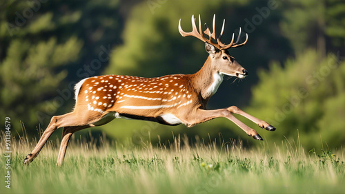 Majestic Whitetail Buck Leaping Through Golden Meadow at Sunset in Autumn Splendor photo