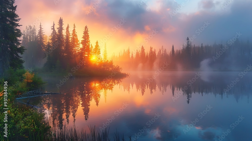 Misty dawn on the taiga lake Bolon nature reserve Khabarovsk region far East Russia : Generative AI Misty dawn on the taiga lake Bolon nature reserve Khabarovsk region far East Russia : Generative AI