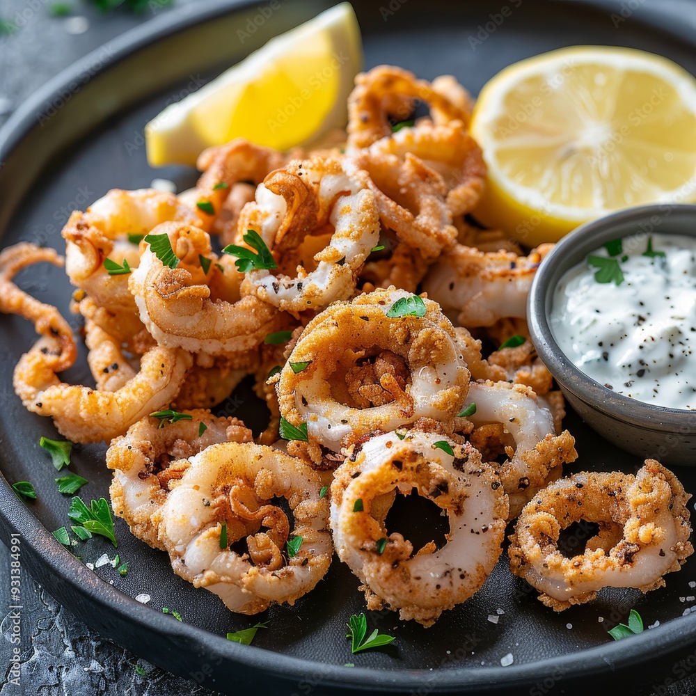 Crispy Golden Fried Calamari Rings with Lemon Wedges and Tartar Sauce on a Rustic Background Crispy Golden Fried Calamari Rings with Lemon Wedges and Tartar Sauce on a Rustic Background
