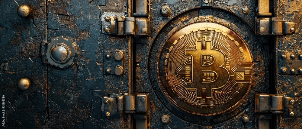 Bitcoin symbol on a secure vault door Bitcoin symbol on a secure vault door