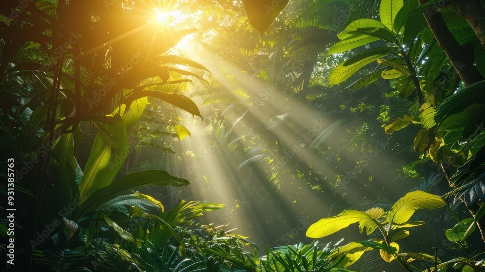 Fototapeta premium Lush rainforest canopy, sunlight filtering through leaves,