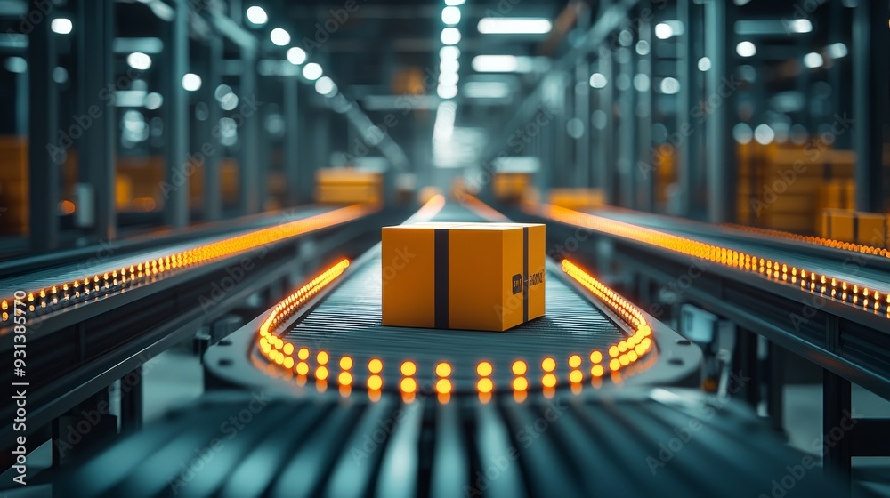 A close-up of an automated conveyor belt system sorting parcels in a ...