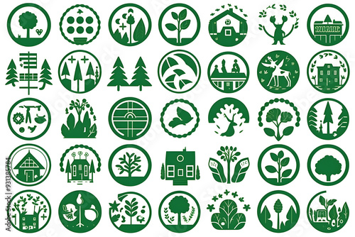 Sustainability Icons Set Flat Green Eco Friendly Environment Symbols Collection