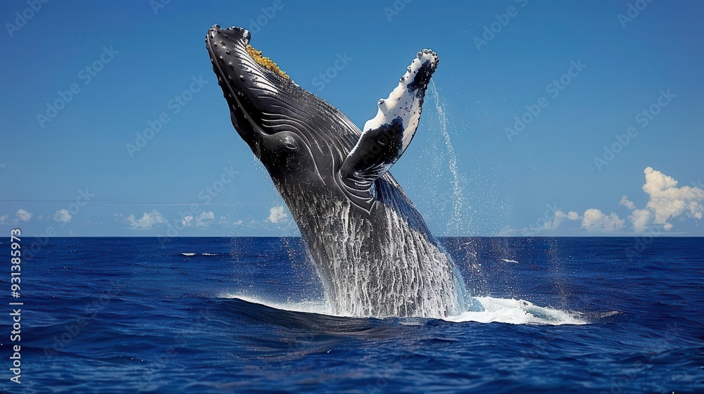 Fototapeta premium Magnificent whale breaching in open ocean,