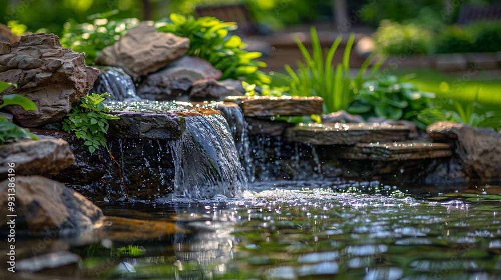 Green cozy garden with a small waterfall and rocks and structures in the pond : Generative AI