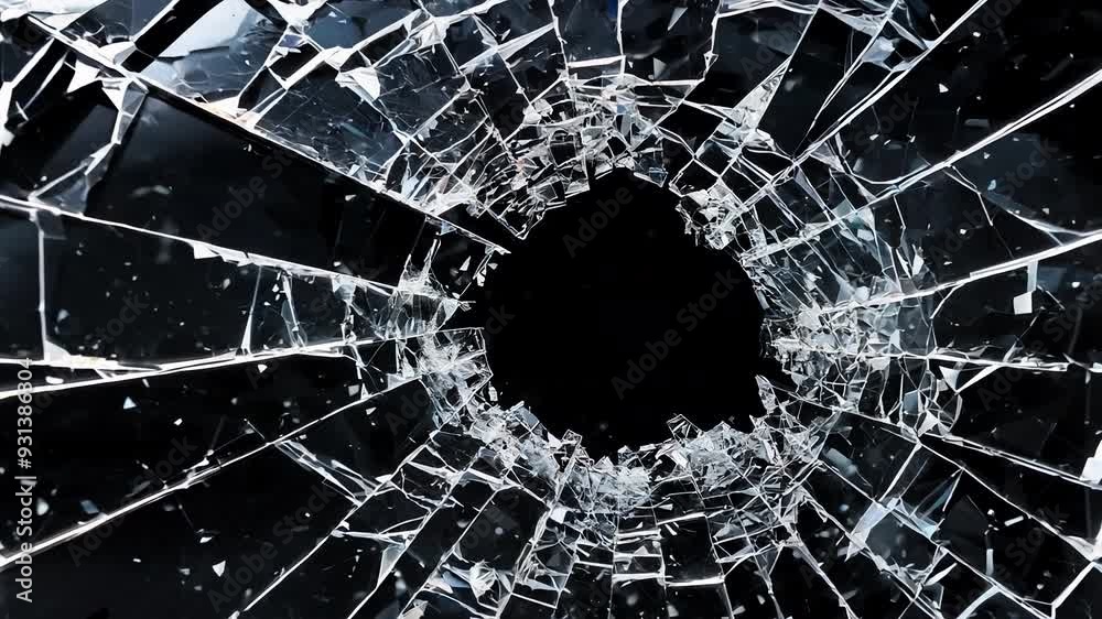 Close-up of shattered glass with a central hole and radiating cracks. Broken window concept