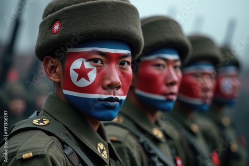Soldiers with the North Korea flag painted on faces. Generative AI
