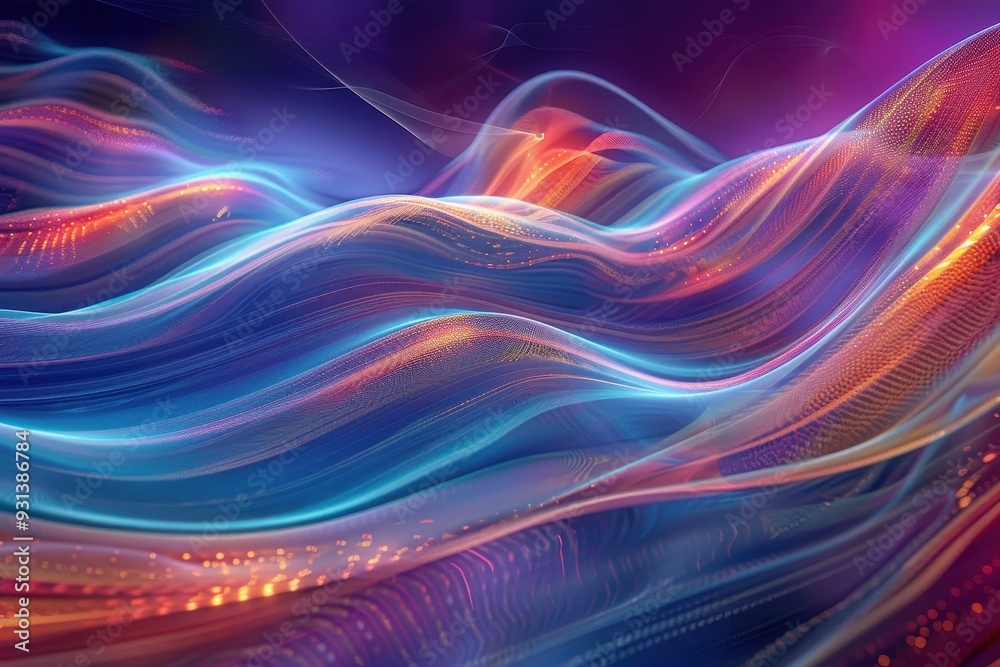 A holographic wave pattern, undulating in 3D space with a mesmerizing flow of colors. A holographic wave pattern, undulating in 3D space with a mesmerizing flow of colors.