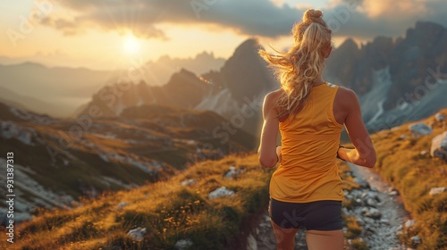 Woman running along a scenic mountain trail, trail running, endurance and nature