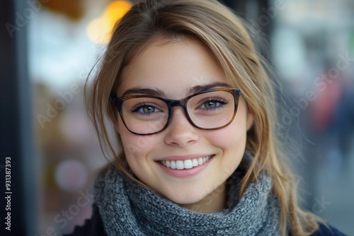 A blond beautiful woman with glasses is smiling looking at the camera