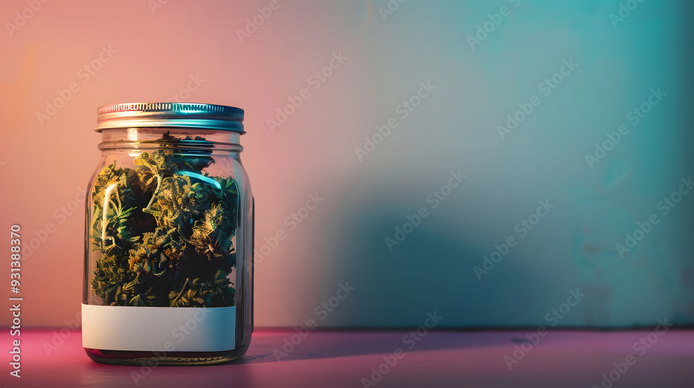 Cannabisblüten in Glasbehälter vor farbigem Hintergrund Cannabisblüten in Glasbehälter vor farbigem Hintergrund