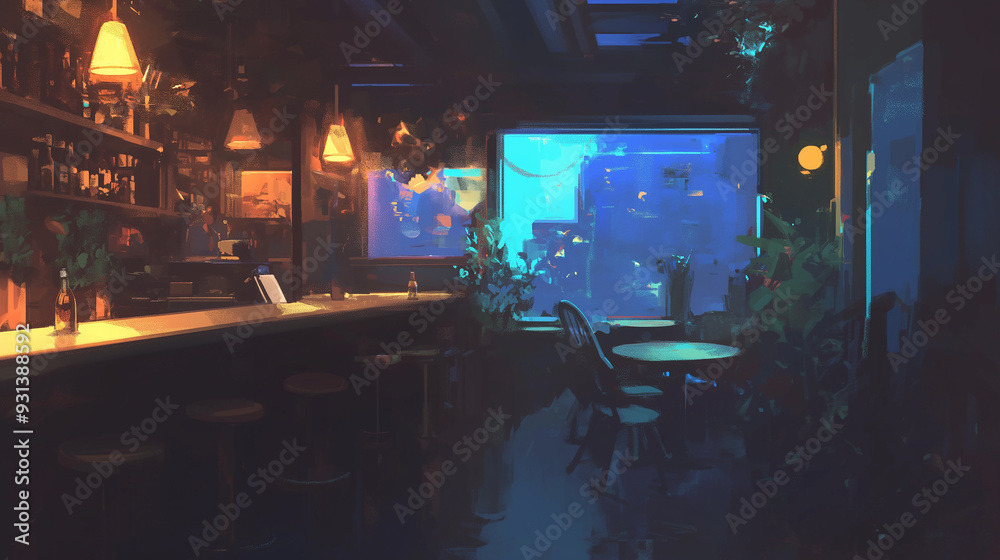interior of restaurant lofi image, cafe 2d anime scene minimal background