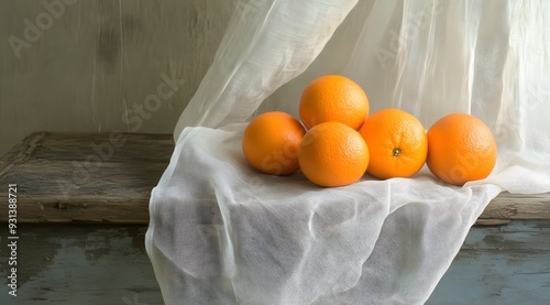 Four Oranges Resting on a White Cloth photo