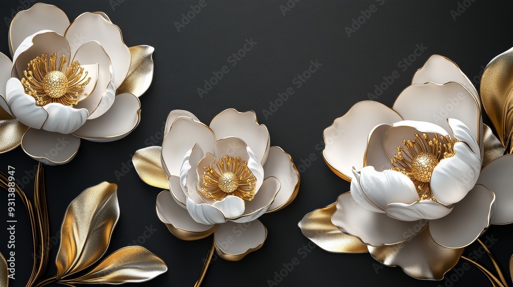 There are three elegant 3D floral wall art panels with white and gold ...