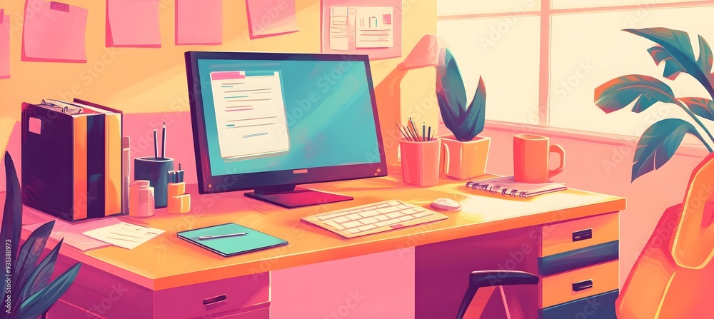 cartoon illustration of an office desk with a computer, notebook, and other stationery items,workspace cartoon illustration of an office desk with a computer, notebook, and other stationery items,workspace