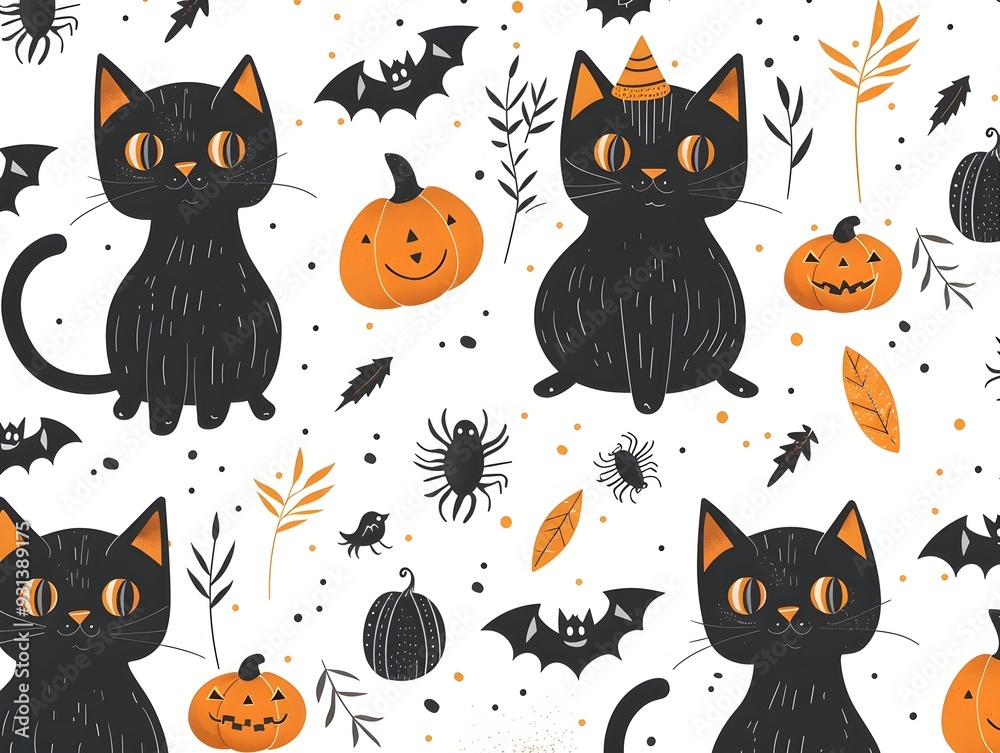 Fototapeta premium Enchanting Black Cat Pattern with Pumpkins and Bats for Halloween Postcards and Banners