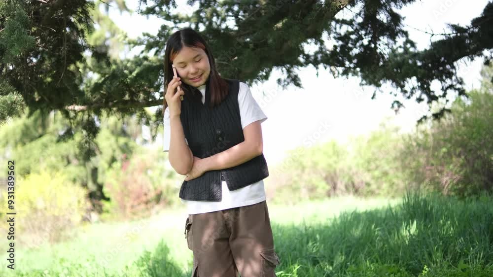 young asian girl in a beige jacket and white shirt enjoys sunny day outdoors, talking on her phone. She smiles and engages in conversation, with lush greenery and tall trees in the background young asian girl in a beige jacket and white shirt enjoys sunny day outdoors, talking on her phone. She smiles and engages in conversation, with lush greenery and tall trees in the background