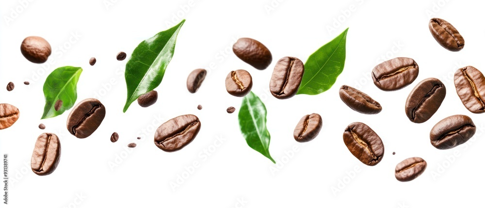 Obraz premium Coffee Beans and Leaves Falling Through Air